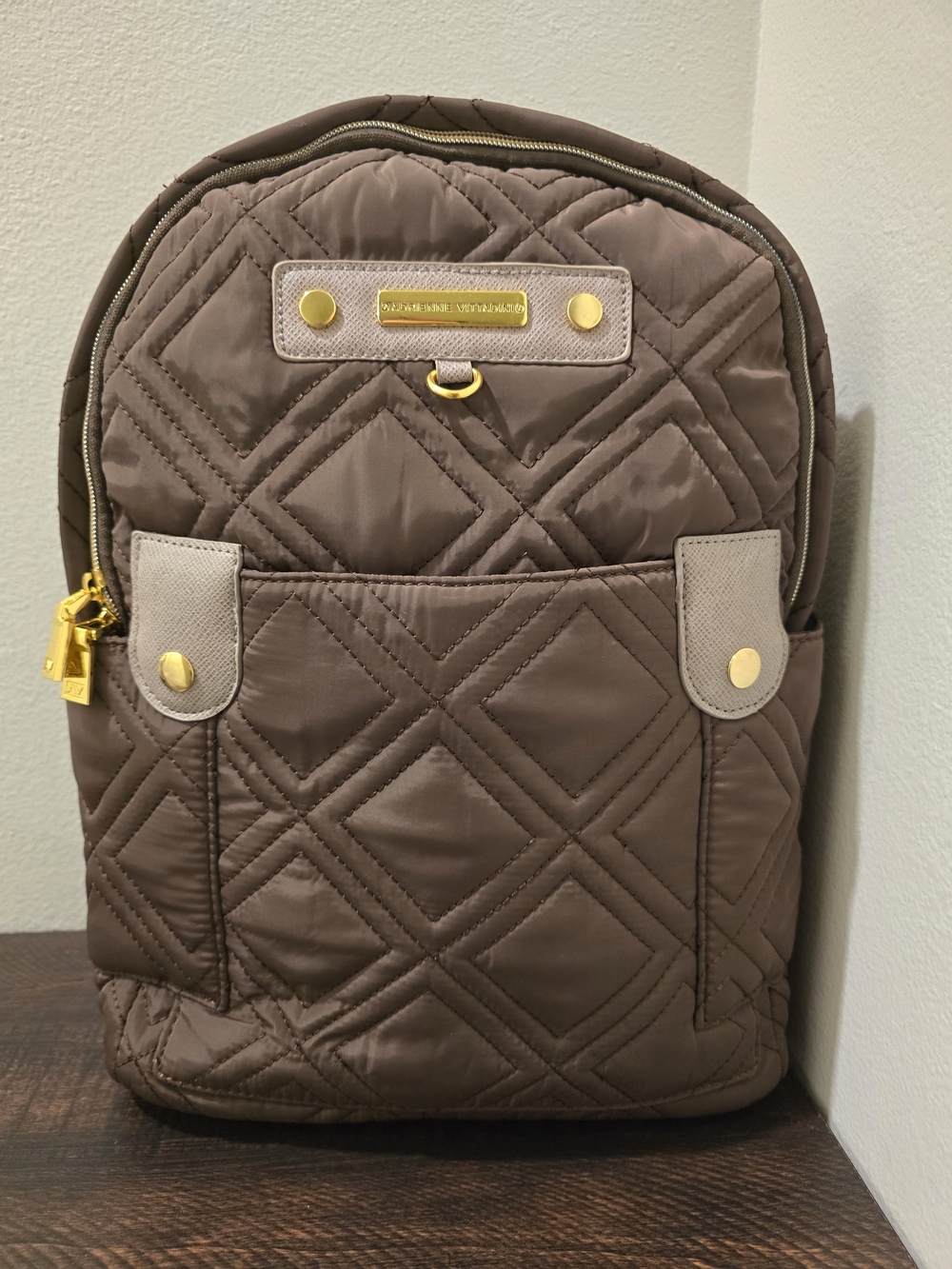Adrienne Vittadini Quilted Backpack Brown Taupe Gold Hardware Travel Bag